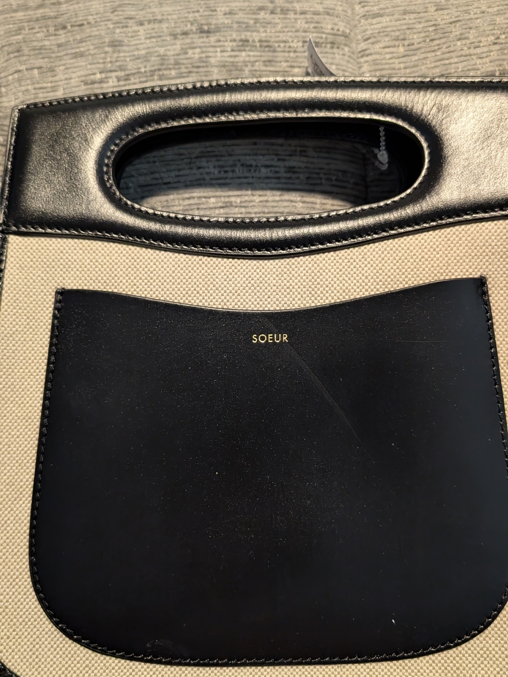 Soeur Black and Beige Premium Canvas Tote with Front Pocket & Leather Strap